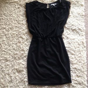 Papaya sheer sleeve black dress gold detail